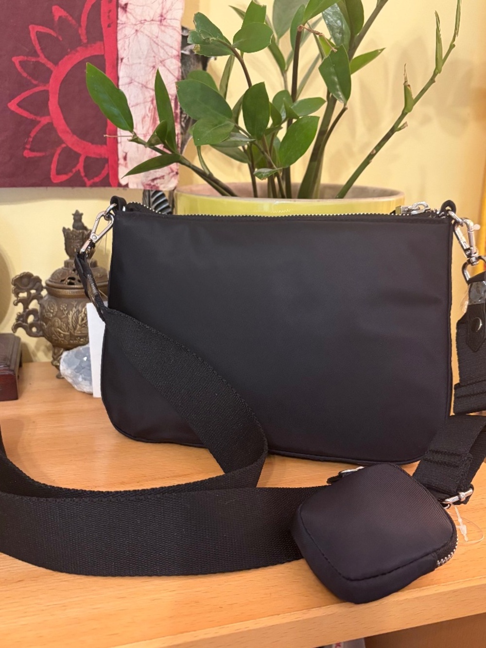 NWT H&M Black Nylon Crossbody Bag With Matching Ear Bud Pouch Travel Minimalist